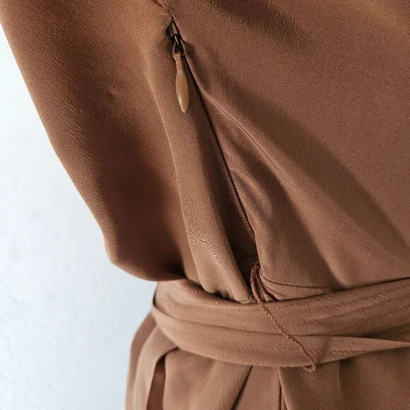 Maeve Anthropologie 100% Silk Warm Brown Faux Mock Wrap Dress Size 14 - Picture 9 of 11